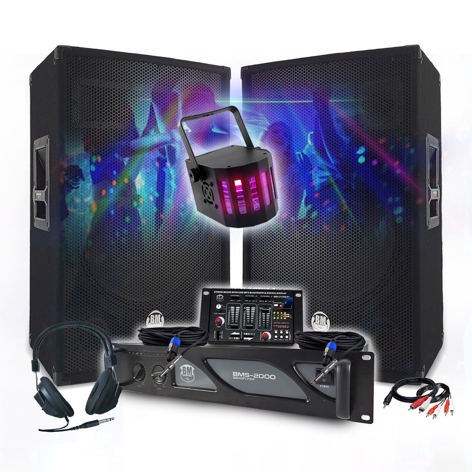 Pack DJ BM SONIC - Amplificador, Altavoces, Mesa de Mezcla, Auriculares, Iluminación