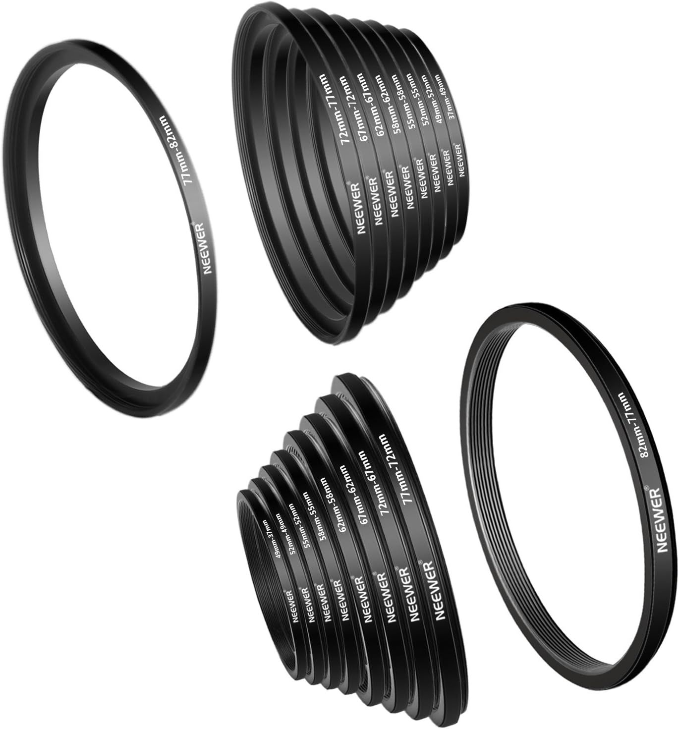 Kit de anillos adaptadores de metal Neewer - 9 anillos de aumento + 9 anillos rebajables para lente de cámara