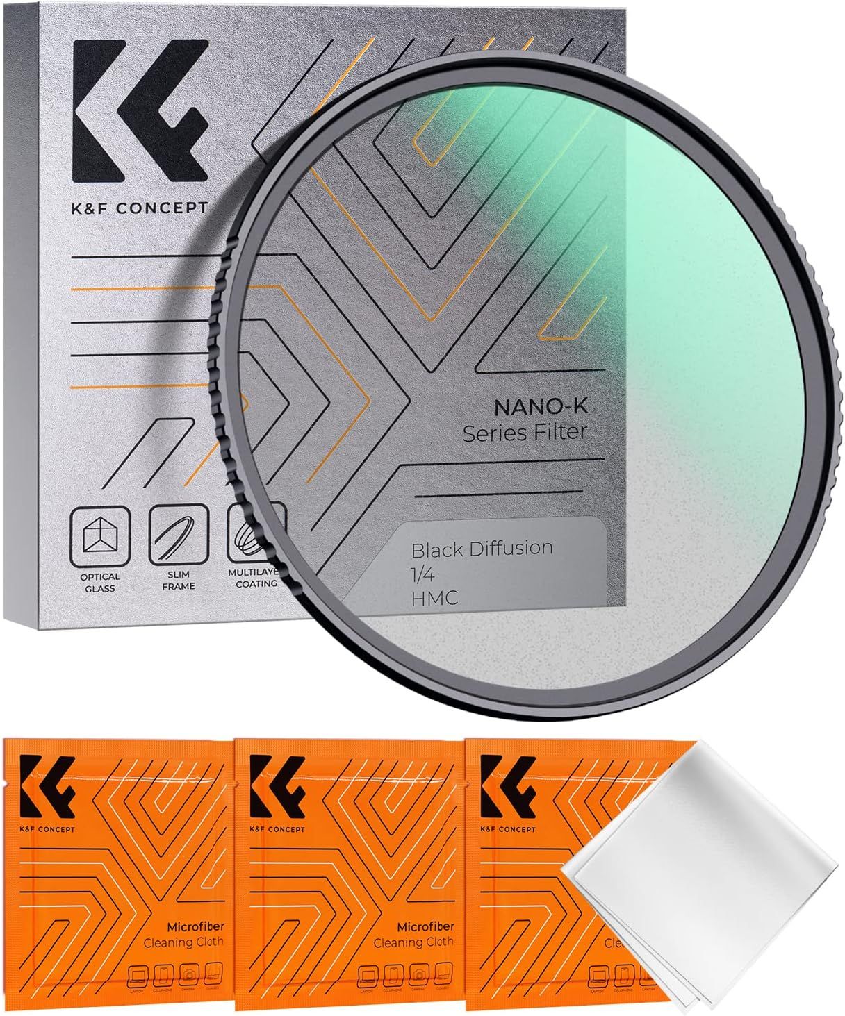Black Diffusion Filter 1/4 82mm and 3 Cleaning Cloths - Vacuum Sealed Black-Mist Cinematic Effect Lens for Digital Camera (K-Series)