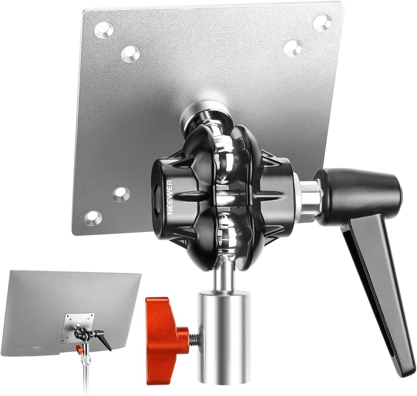 Adaptador de montaje para monitor Neewer con soporte VESA, cabezal doble de 360°, tornillos M4 y receptor de 5/8, carga máxima 14 lb/6,3 kg, MA001