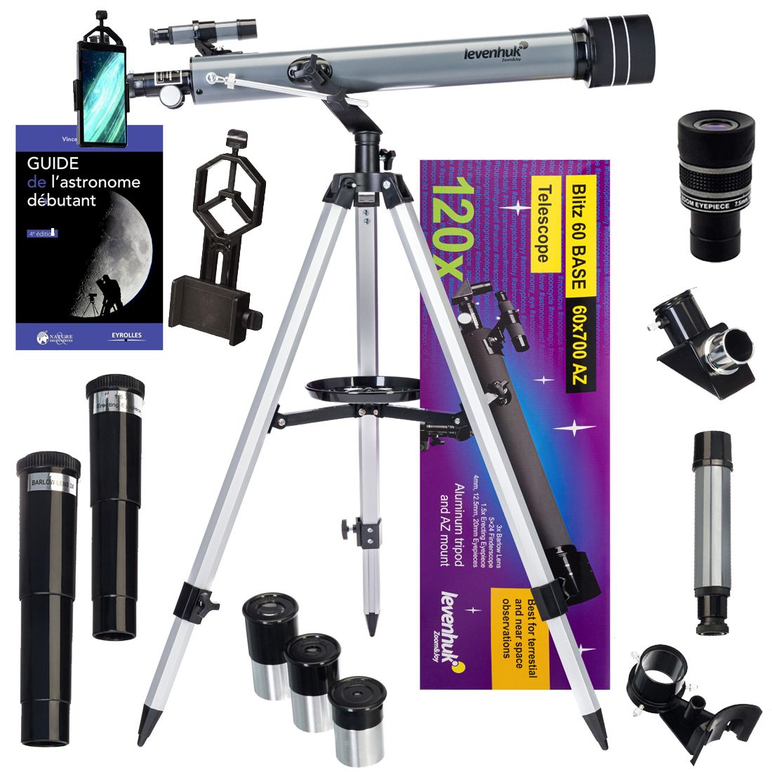 Télescope d'astrophotographie Levenhuk Blitz 60 Base avec Zoom, Oculaires et Accessoires