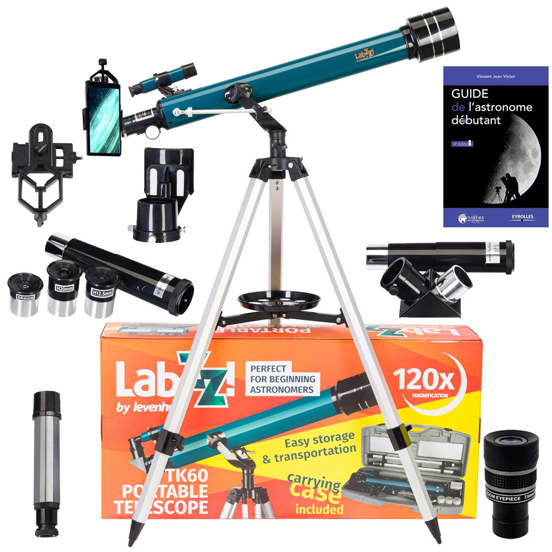Télescope Levenhuk LabZZ TK60 avec Zoom, Oculaires et Accessoires pour l'Astrophotographie