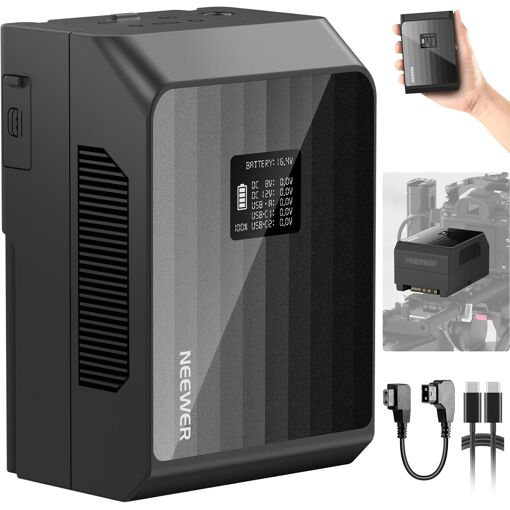 Batería Neewer Mini V Mount PS099EP, 6800 mAh, 99 Wh, 14,5 V, carga rápida PD 100 W, doble puerto USB C/D Tap/BP/USB A, pantalla OLED, compatible con BMPCC 4K 6K