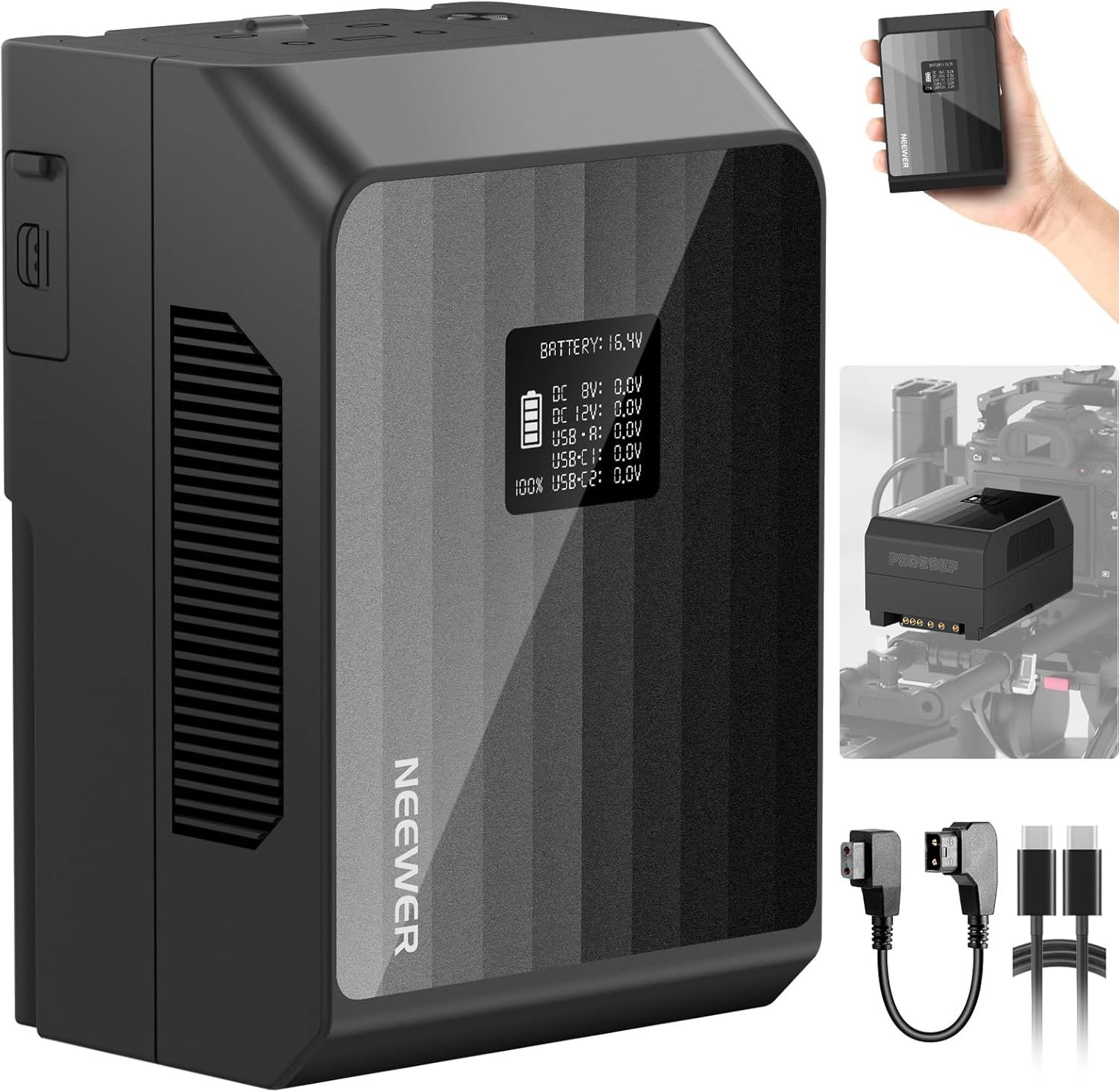 Batería Neewer Mini V Mount PS099EP, 6800 mAh, 99 Wh, 14,5 V, carga rápida PD 100 W, doble puerto USB C/D Tap/BP/USB A, pantalla OLED, compatible con BMPCC 4K 6K