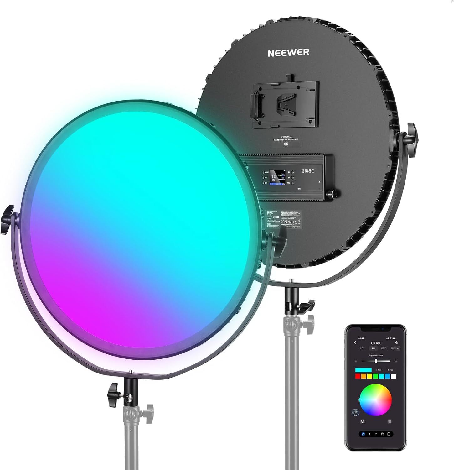 Neewer Round LED Video Light 45.7cm with App Control, 65W 6000 Lux/0.5m 2500K-8500K RGBCW Studio Photography Lighting/18 Scenes/V-Battery Powered for Shooting, GR18C