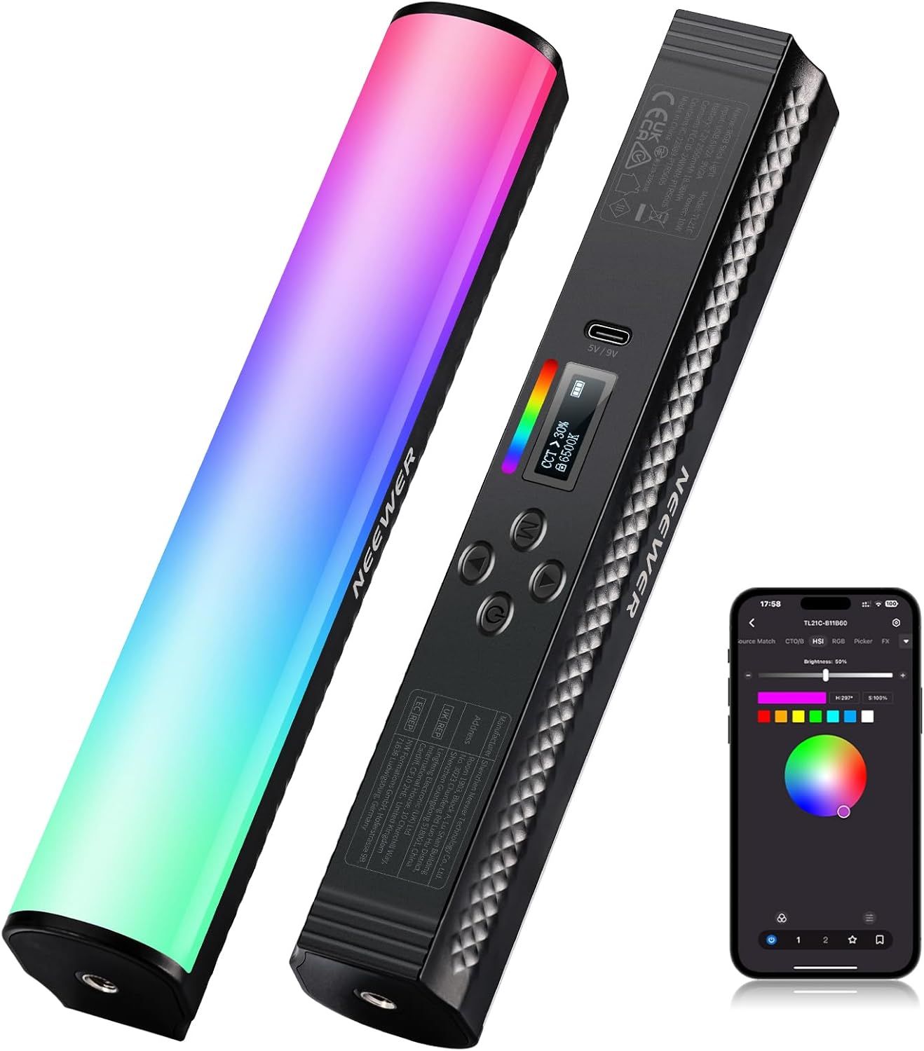 Bastón de luz RGB Neewer con control de aplicación, bastón de luz magnético para fotografía