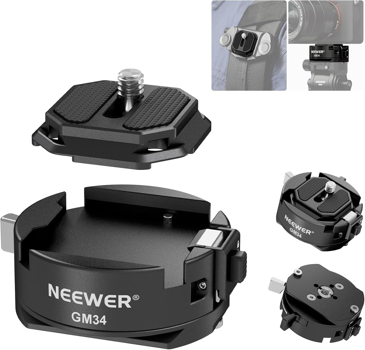 Kit de plato de liberación rápida NEEWER GM34 para cámara con bloqueo automático, plato de montaje cuadrado QR con base de sujeción tipo Arca, compatible con Arca Swiss Peak Design