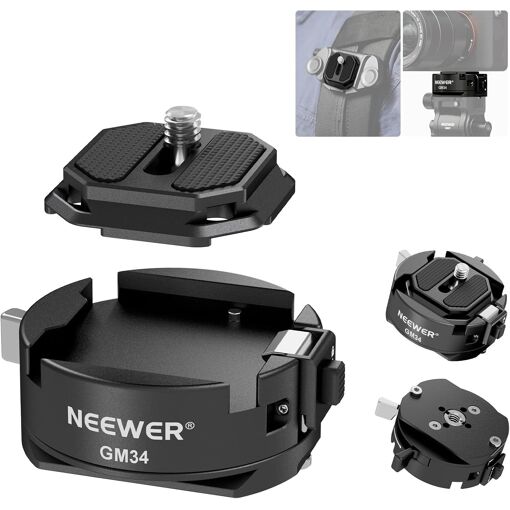 Kit de plaque de dégagement rapide Neewer GM34 pour appareil photo avec verrouillage automatique, plaque de montage carrée QR avec base de serrage style Arca, compatible avec Arca Swiss Peak Design
