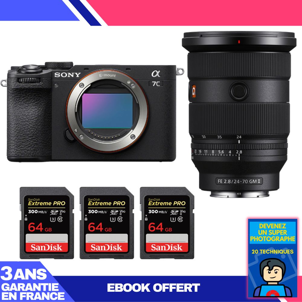 Kit Sony A7C II Noir avec objectif FE 24-70mm f/2.8 GM II et 3 cartes SanDisk Extreme PRO UHS-II 64Go