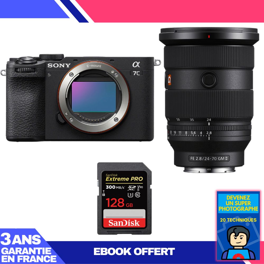 Kit Sony A7C II Noir avec objectif FE 24-70mm f/2.8 GM II et carte SDXC SanDisk 128 Go Extreme PRO UHS-II 300 Mo/s + ebook 'Devenez un photographe professionnel'