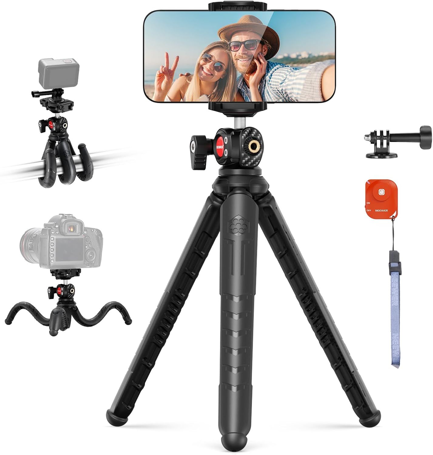 Trípode NEEWER para iPhone con control remoto, trípode flexible mini para selfies con soporte para teléfono y adaptador para cámara de acción compatible con iPhone, GoPro, Insta360
