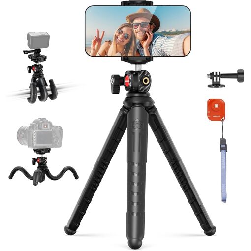 Trípode NEEWER para iPhone con control remoto, trípode flexible mini para selfies con soporte para teléfono y adaptador para cámara de acción compatible con iPhone, GoPro, Insta360