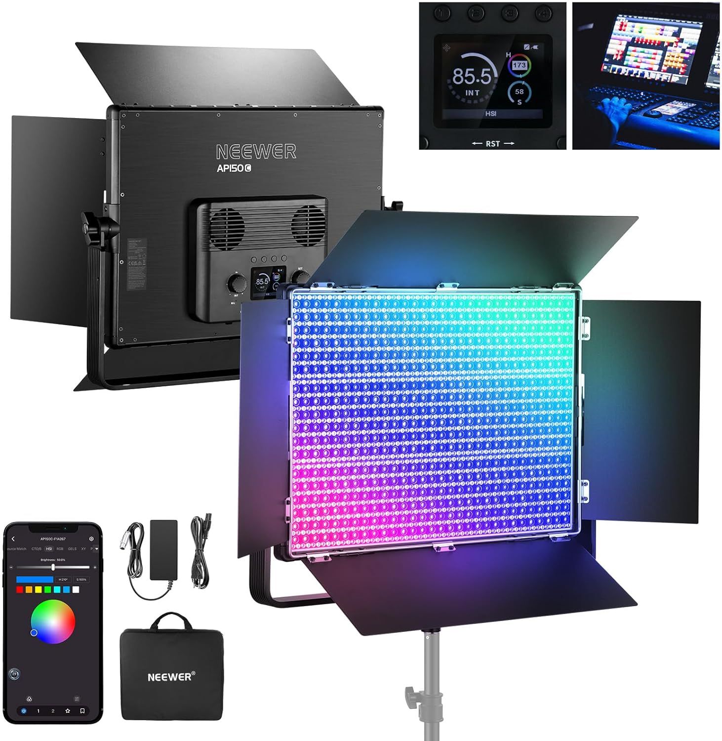 Neewer 150W LED Video Light Panel Kit with 1800 RGB LEDs, 42500 Lux@0.5m, 2500K-10000K Color Temperature, 96+ CRI/97+ TLCI, 0-100% Brightness Control via App/2.4G/Panel/DMX