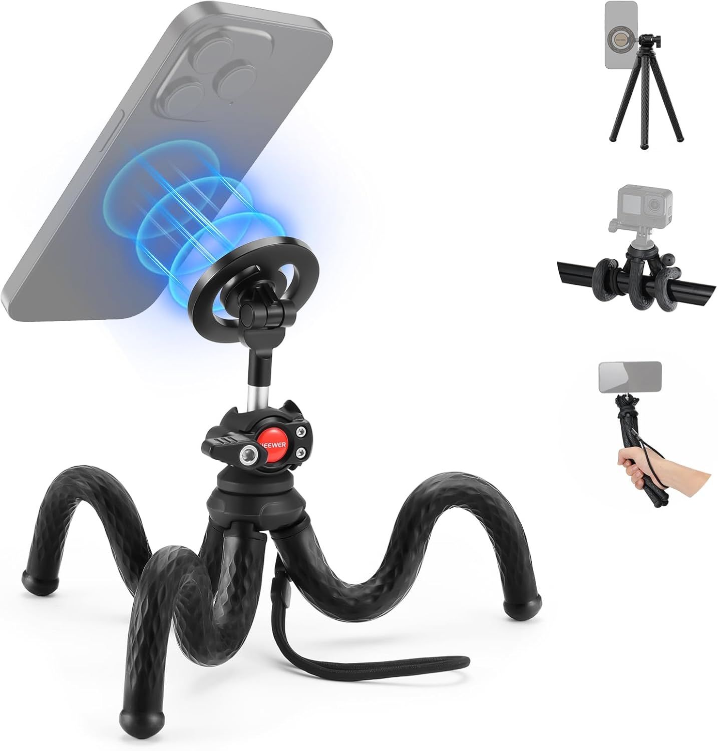 Trípode magnético Neewer para iPhone 15 Pro Max y Android, mini trípode para vlogs con cabezal para coche, bicicleta, tubo y objetos redondos