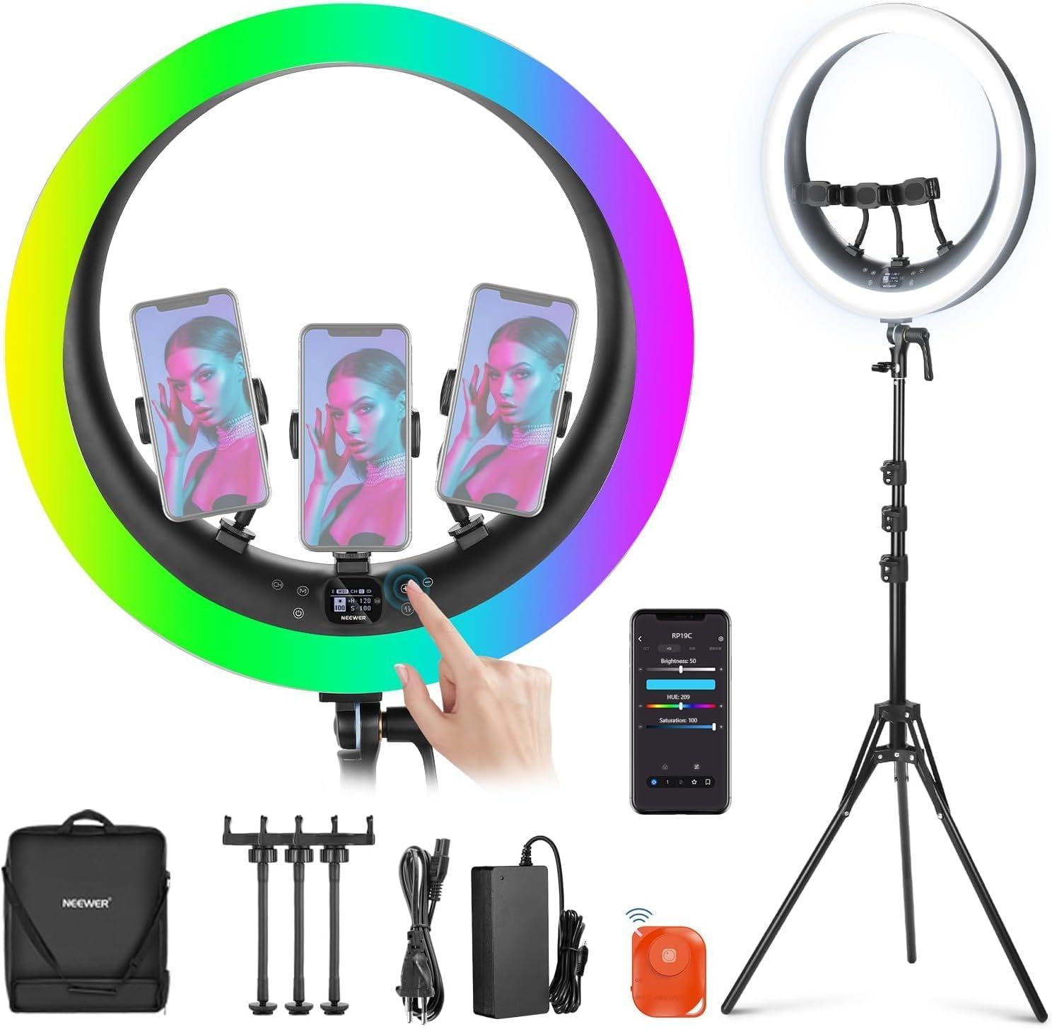 Neewer 19" RGB Ring Light with Stand, 3 Phone Holders, Touch Screen, 2.4G/App Control, 42W CRI97+ 2800lux 0.5m Color Temperature 360° Professional Ring Light for Makeup, Streaming, Zoom RP19C