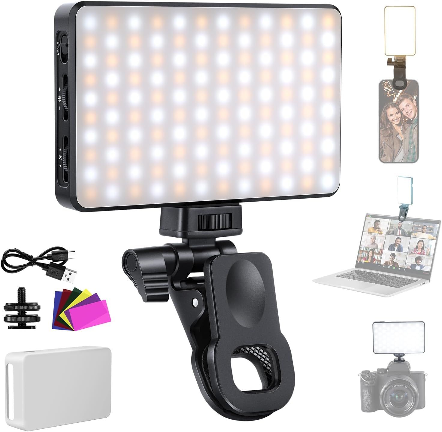 Lámpara de selfie LED básica de Neewer con soporte para teléfono, temperatura de color de 2500-9000K, batería de 3000mAh, iluminación regulable de 95+ CRI para iPhone, ordenador y llamadas de Zoom