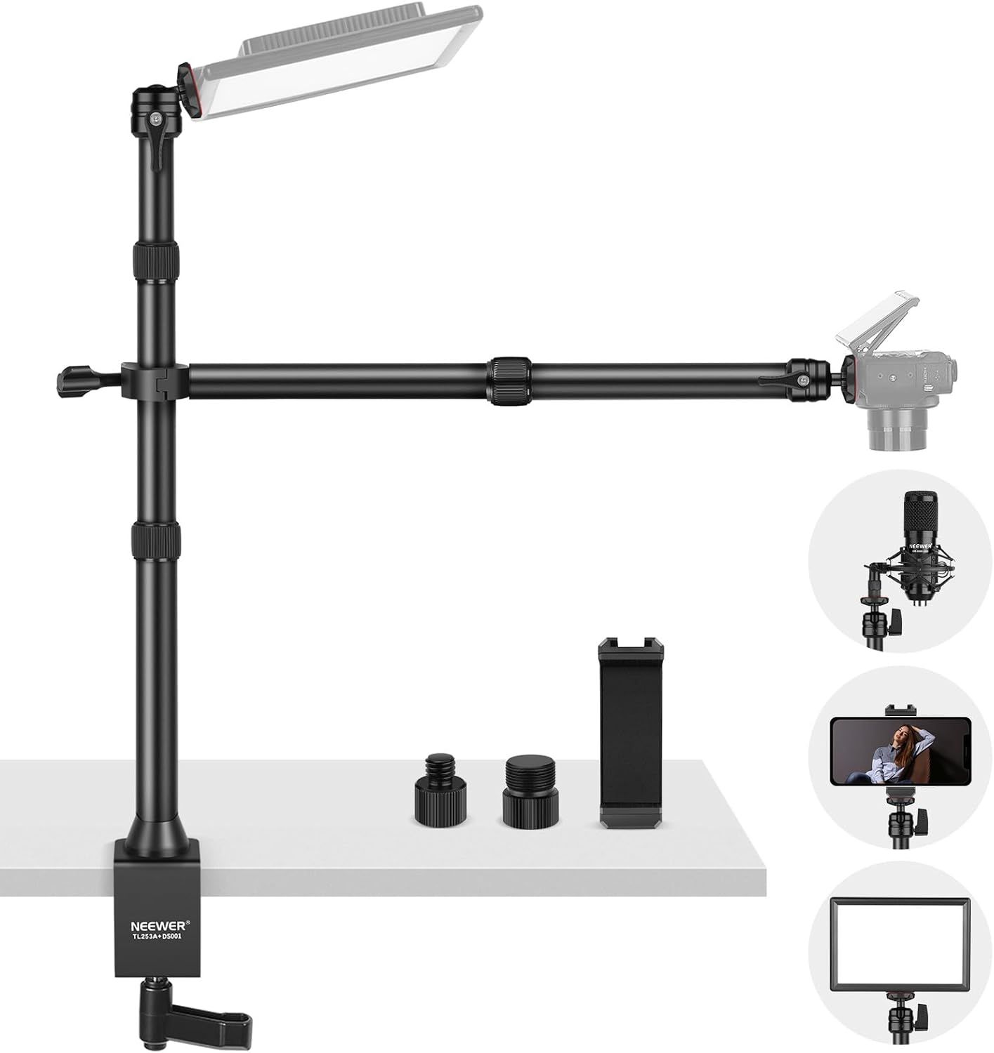 Trípode de mesa Neewer para cámara con 2 flechas telescópicas, soporte para teléfono, cabezas esféricas, adaptador de rosca, trípode lámpara de escritorio para foto y teléfono móvil