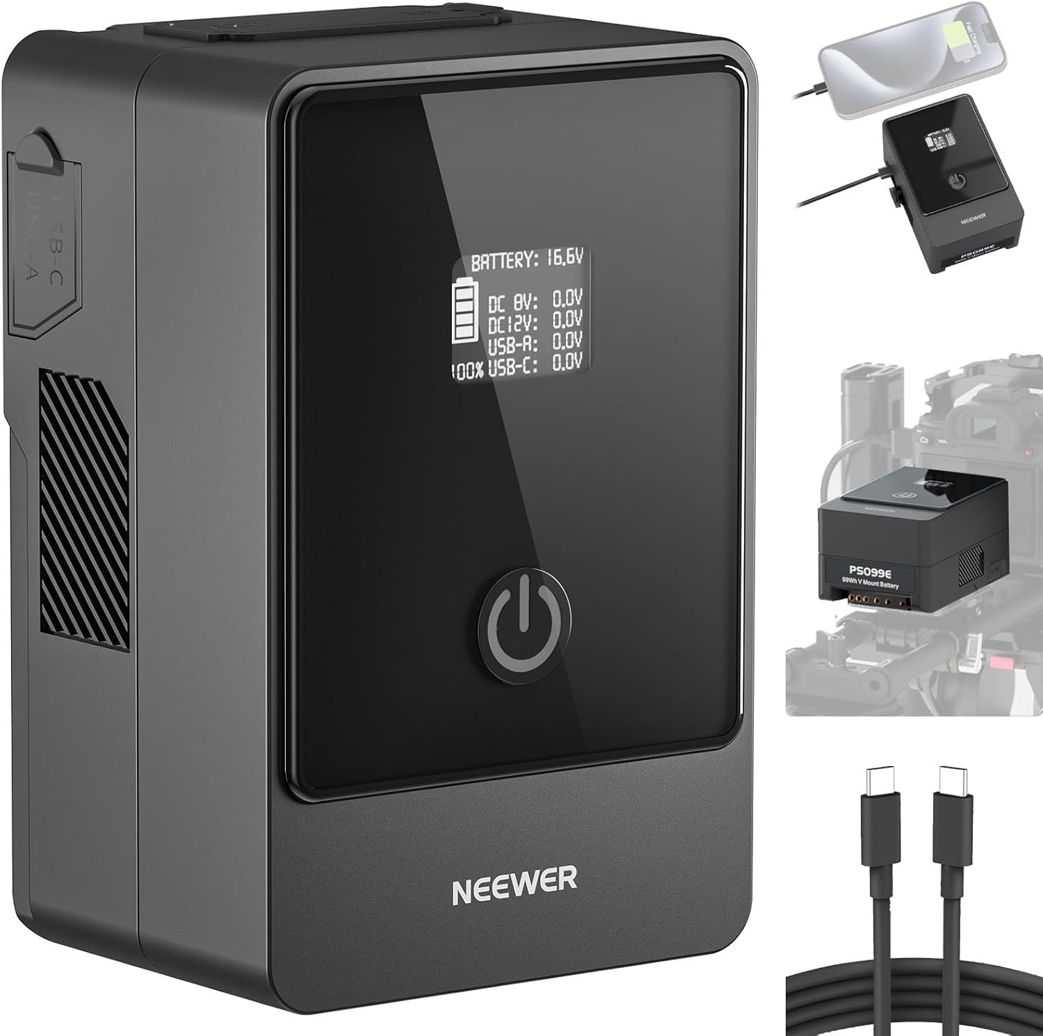 Batería Neewer Mini V Mount con Cable Tipo C, 6800 mAh 99 Wh Batería V-Lock de 14,5 V con Pantalla OLED/PD 65 W USB-C/D Tap/BP/USB A/DC para Cámara