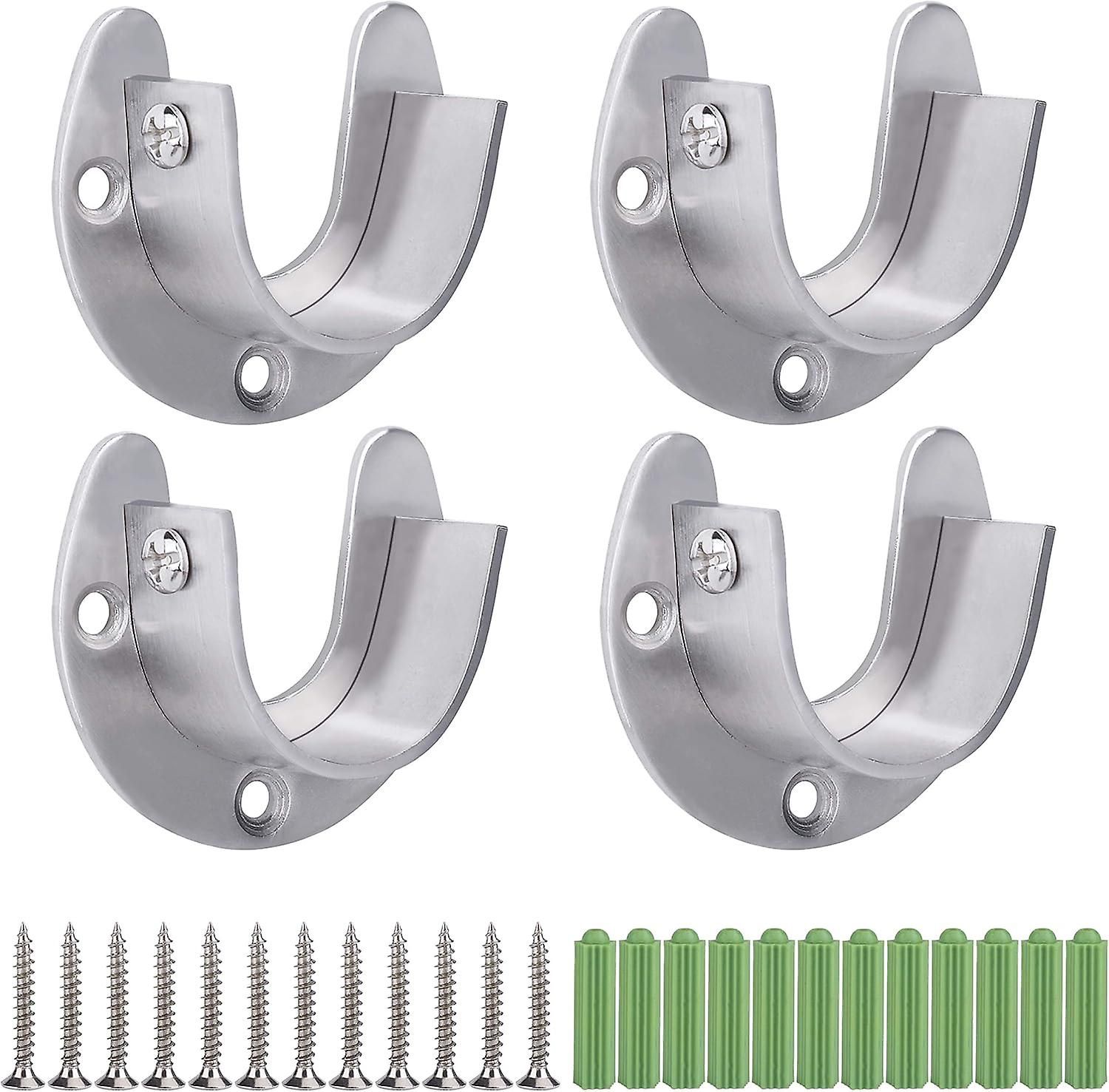 Stainless Steel Curtain Rod Support - 4 Piece Set (U-Shaped, Robust Round Sleeves with Screws)