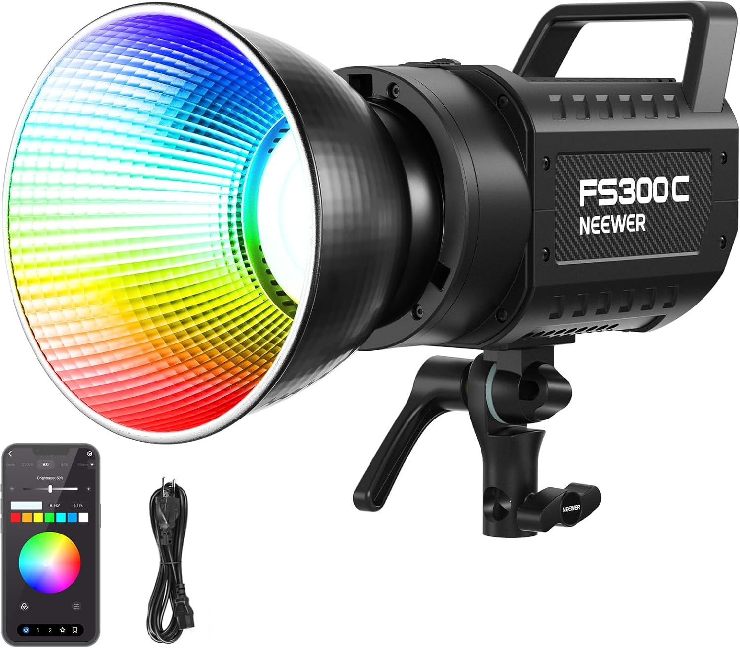 Neewer 300W LED Video Light RGB with App Control, 17 Effects, 2500-7500K Color Temp, 36000 lux/m, Continuous Lighting, CRI 95+/TLCI 97+, Bowens Mount, Studio Photography FS300C
