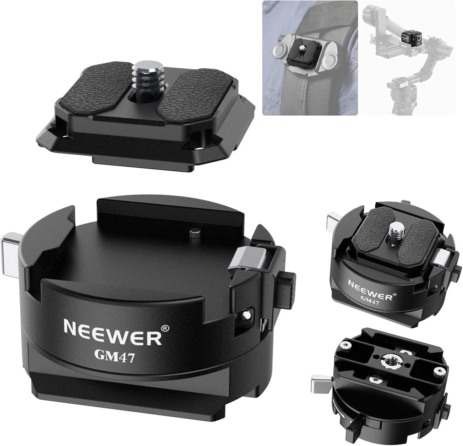Kit Neewer GM47 de plato de liberación rápida con bloqueo automático, plato QR cuadrado compatible con Peak Design Capture V3 Clip, base de sujeción tipo Arca para DJI Ronin Arca Swiss