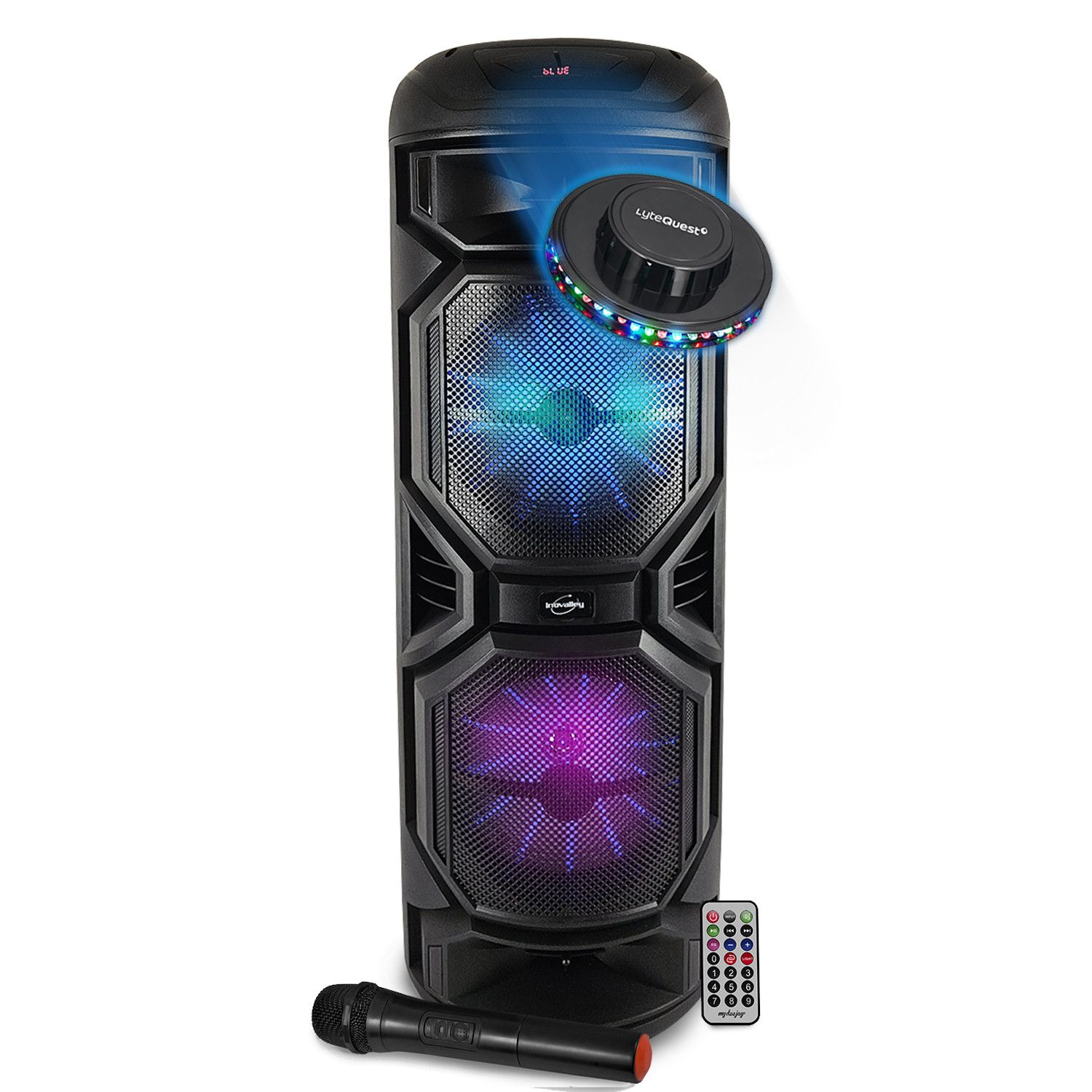 Haut-parleur DJ karaoké lumineux Inovalley - 800 W, batterie rechargeable - HP59-XXL - Bluetooth, USB, microphone sans fil, réglage des basses, lumière LED