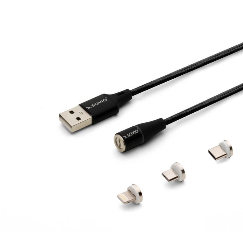 Savio Magnetic USB Cable - 1m, Black (USB-C, Micro B, Lightning)
