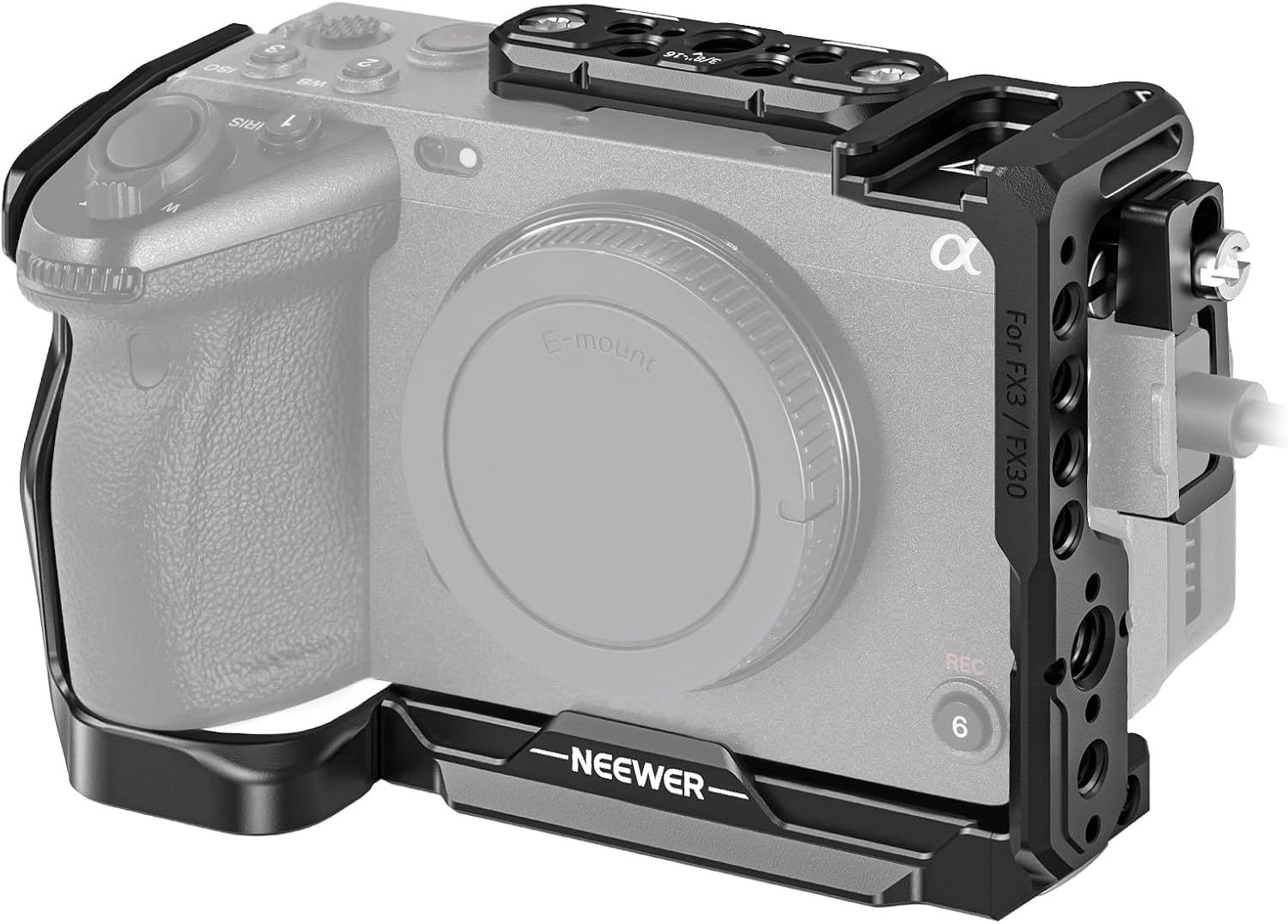 Neewer Camera Cage for FX3/FX30 with HDMI Cable Clip, NATO Rail, ARRI 3/8" Positioning Holes, 1/4" Thread, Compatible with Sony FX3/FX30 XLR Grip
