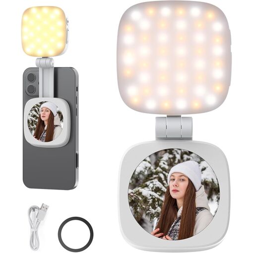 Neewer Magnetic Lighting for iPhone MagSafe Selfies, 95 CRI Round Foldable LED Light with Stand/Mirror for Photo, Makeup, Zoom, Video Conference - White NL48B