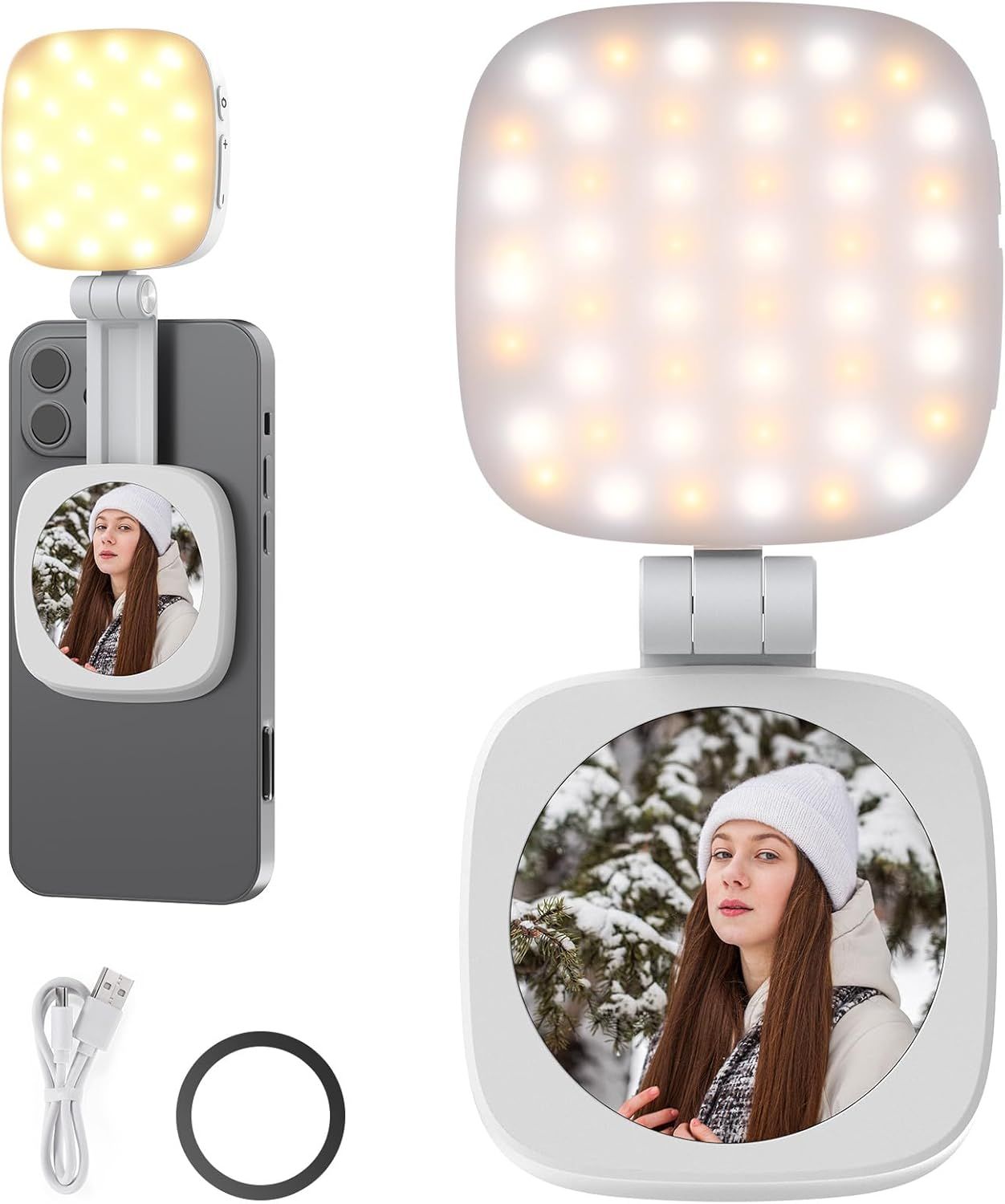 Neewer Magnetic Lighting for iPhone MagSafe Selfies, 95 CRI Round Foldable LED Light with Stand/Mirror for Photo, Makeup, Zoom, Video Conference - White NL48B