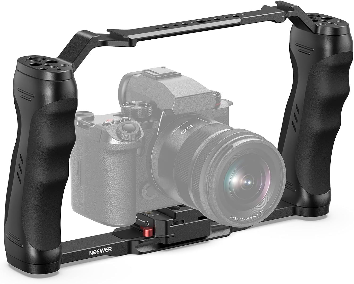 Cage de cámara Neewer con placa de liberación rápida Arca, mangos dobles, hilos ARRI de 3/8'' y 1/4'', cala fría, estabilizador universal de cámara compatible con la placa base Neewer de SmallRig, CA077