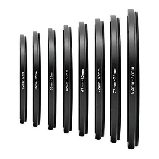 8 anneaux adaptateurs de réduction (adaptateur filtre objectif : 82 mm à 49 mm)