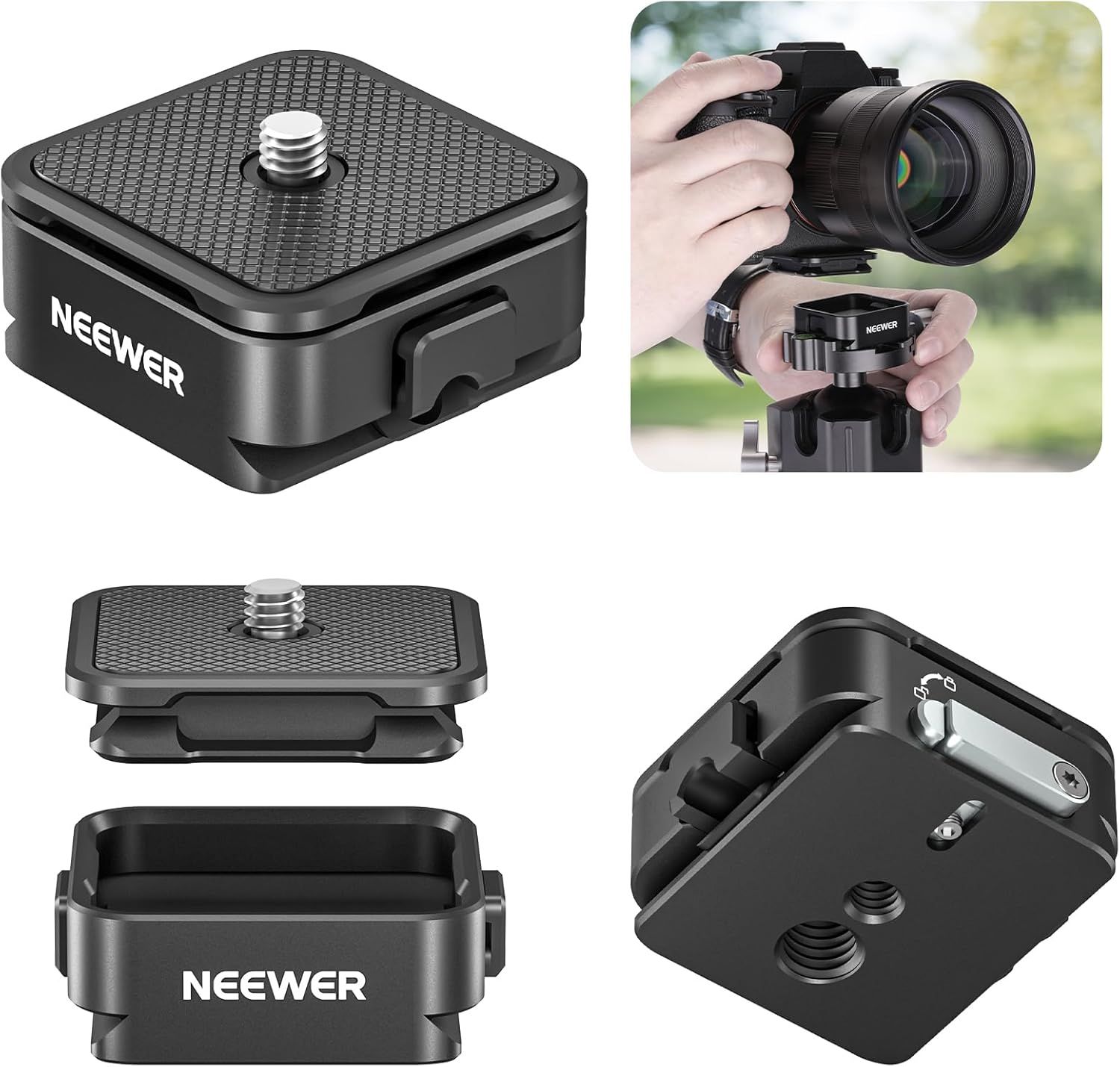 Kit de placa de liberación rápida Neewer con 4 ranuras laterales, adaptador de montaje para DSLR compatible con Arca Swiss, hilos de 1/4'' y 3/8'' para cabezal de trípode estabilizador giroscópico, carga de 8kg, CA009