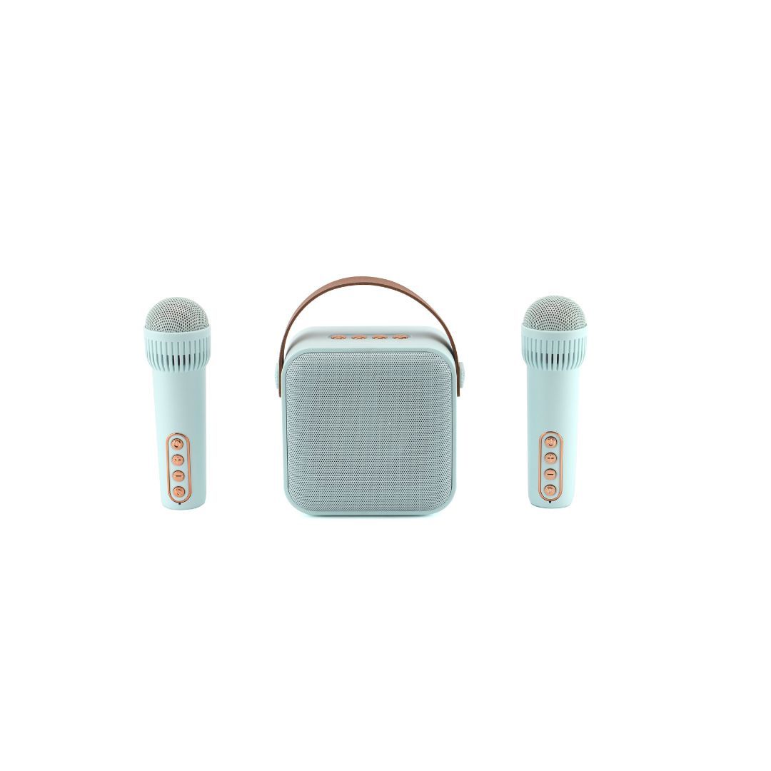 WE POP Mini Karaoke Speaker + Handle, BT 5.4, Rechargeable, 2 Microphones with 5 Sounds, Retro Style, Blue