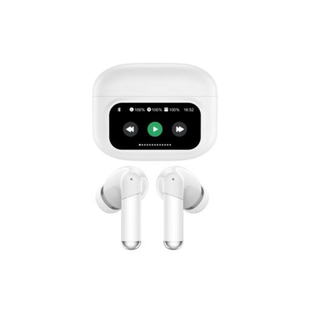 SOLYS Wireless Headphones with Touch Screen, Bluetooth, 40mAh Built-in Battery, 400mAh Charging Case, ANC+ENC, White
