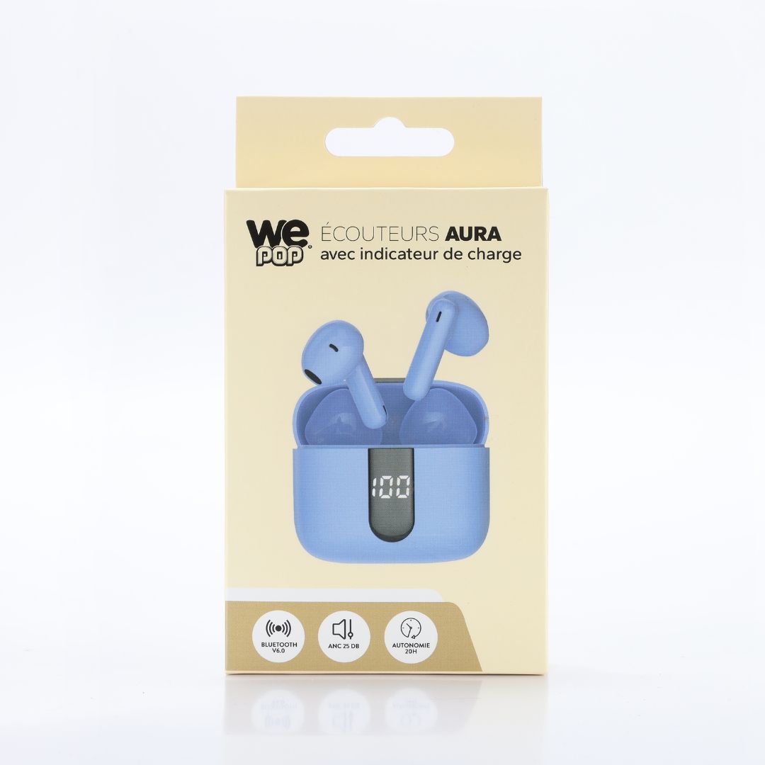 WE AURA Wireless Earbuds with Charge Indicator, Bluetooth, 40mAh Built-in Battery, 400mAh Charging Case, ANC, Blue