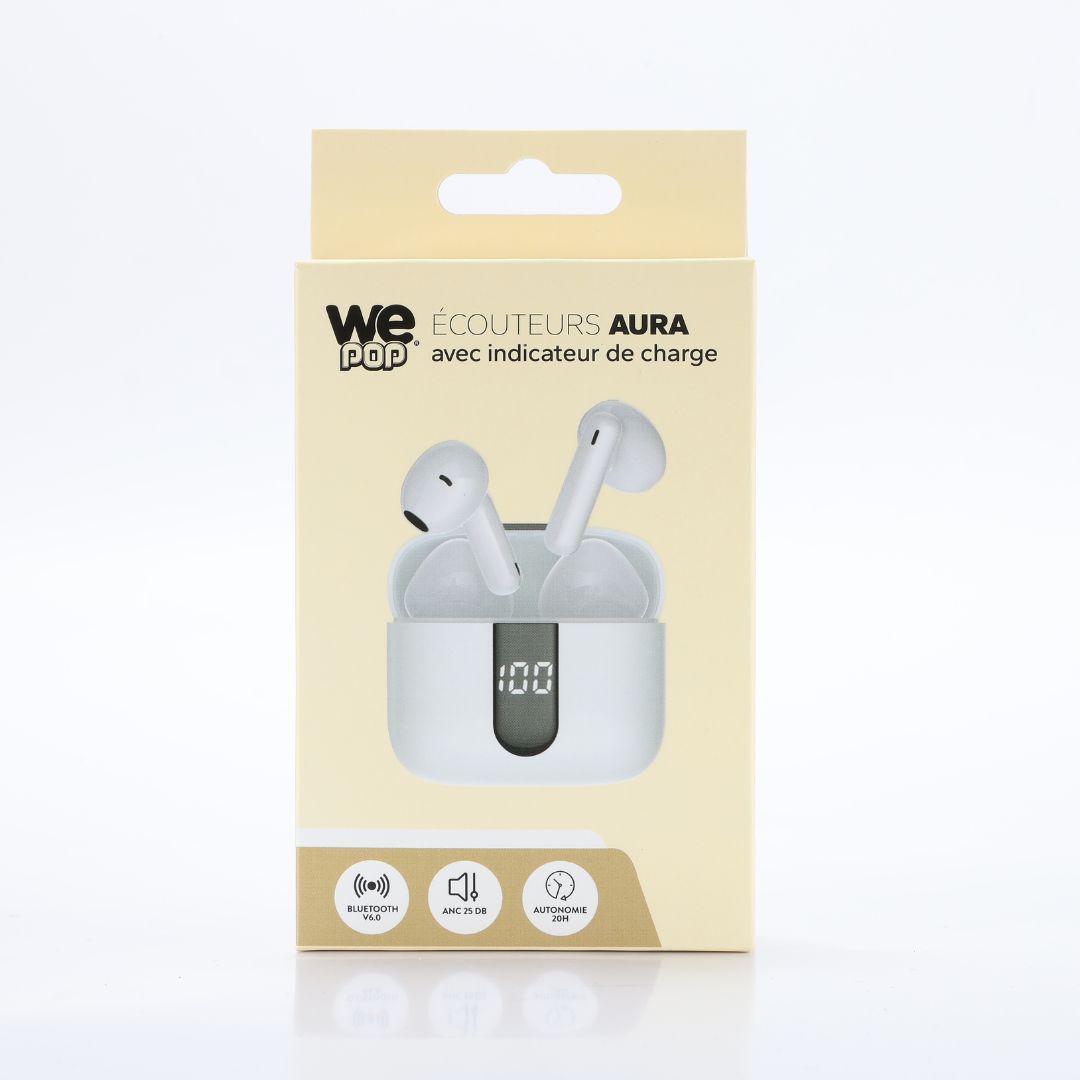 WE AURA Wireless Earbuds with Charge Indicator, Bluetooth, 40mAh Battery, 400mAh Charging Case, ANC, White