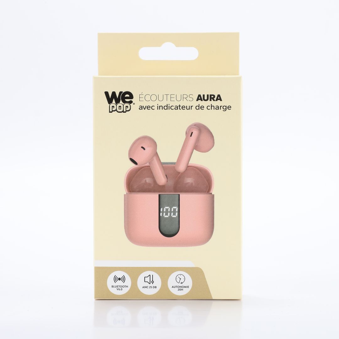 WE AURA Wireless Earbuds with Charge Indicator, Bluetooth, 40mAh Built-in Battery, 400mAh Charging Case, ANC, Pink