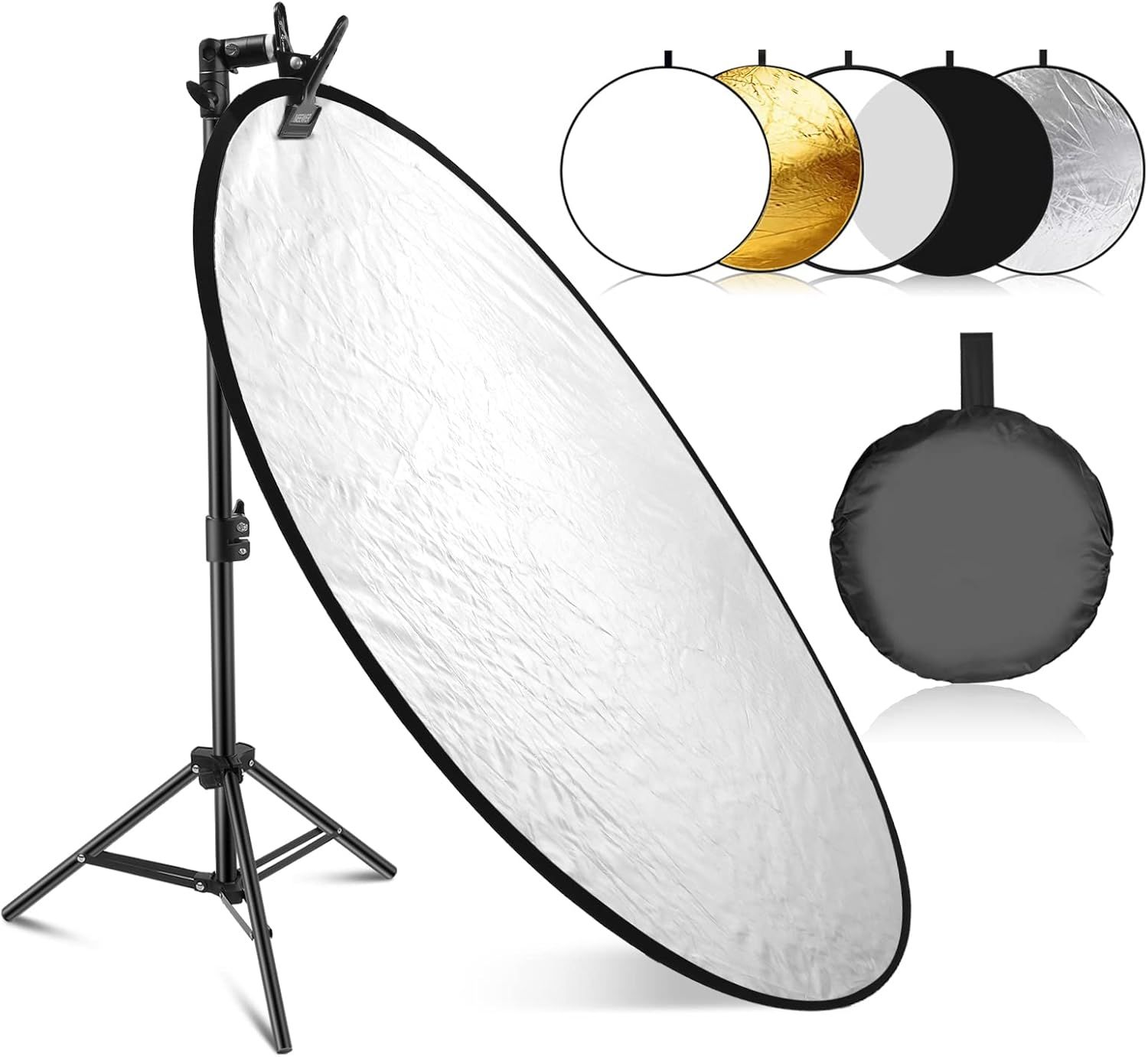 Kit de reflector de luz Neewer de 110 cm (reflector redondo plegable de 5 en 1 con pinzas, adaptador de montaje y soporte de 53 a 110 cm para fotografía de estudio a bajo ángulo)