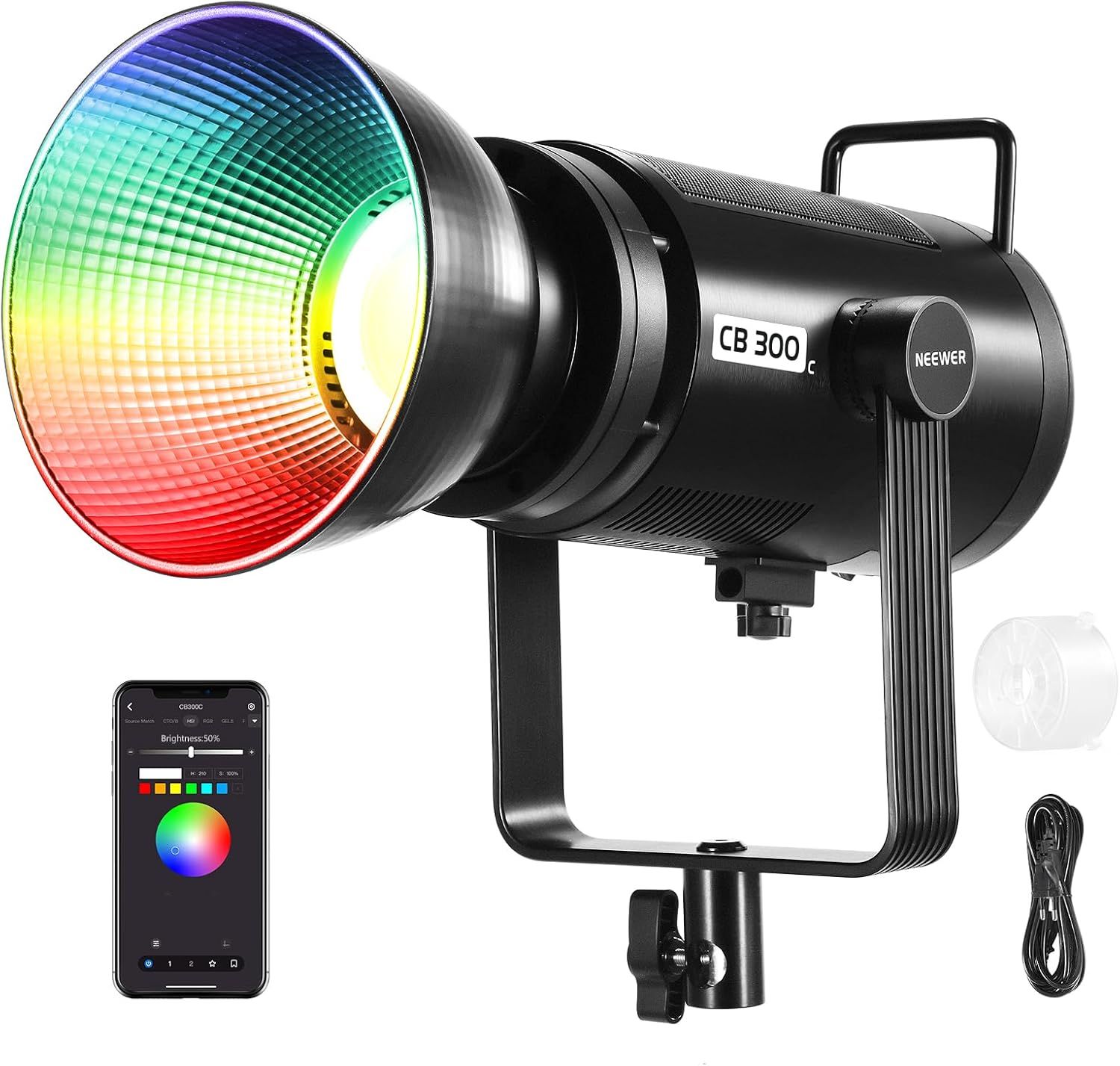 Neewer 300W COB Video LED Light with Reflector, App/2.4G Control, 17 Scenes, 29600Lux/1m, 2500-7500K CRI 97+/TLCI 97+ Continuous Color Light