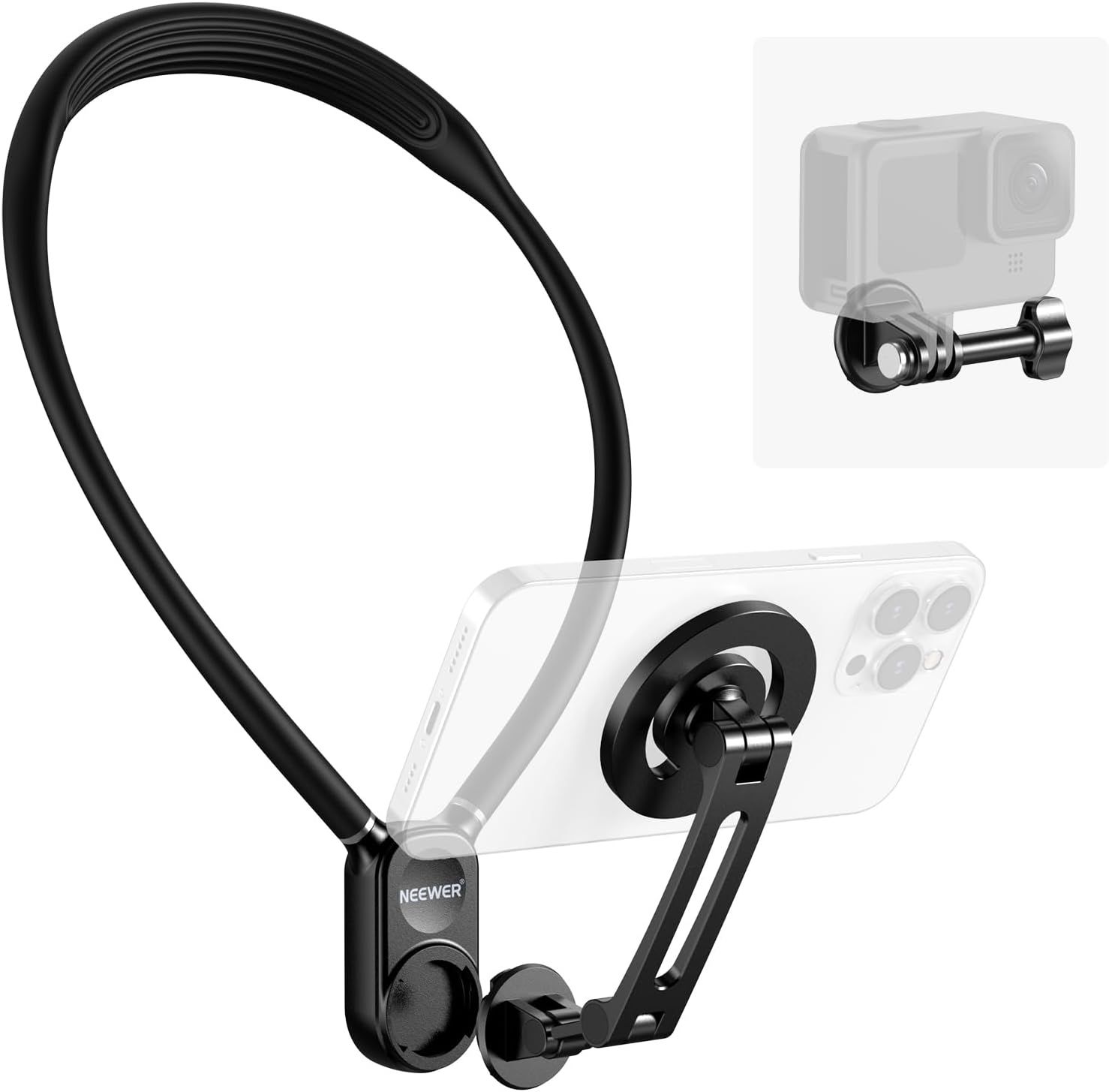 Soporte de cuello magnético Neewer, manos libres para trípode - Compatible con GoPro, DJI, Insta360, iPhone 15, Android (video POV)