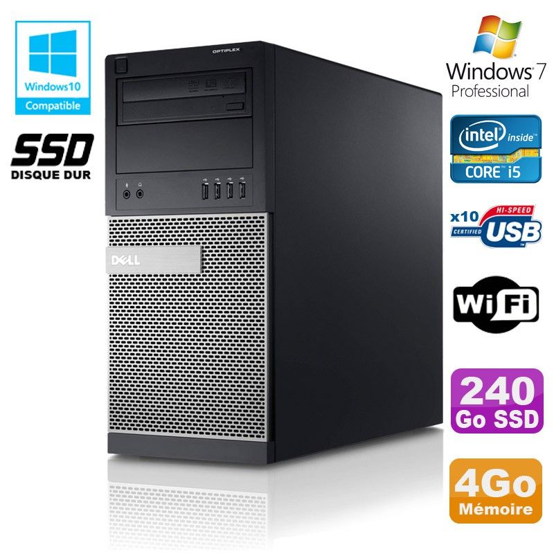 Tour Dell Optiplex 790 - Processeur Intel Core i5, 4 Go de RAM, 240 Go SSD, DVD, Wi-Fi, Windows 7