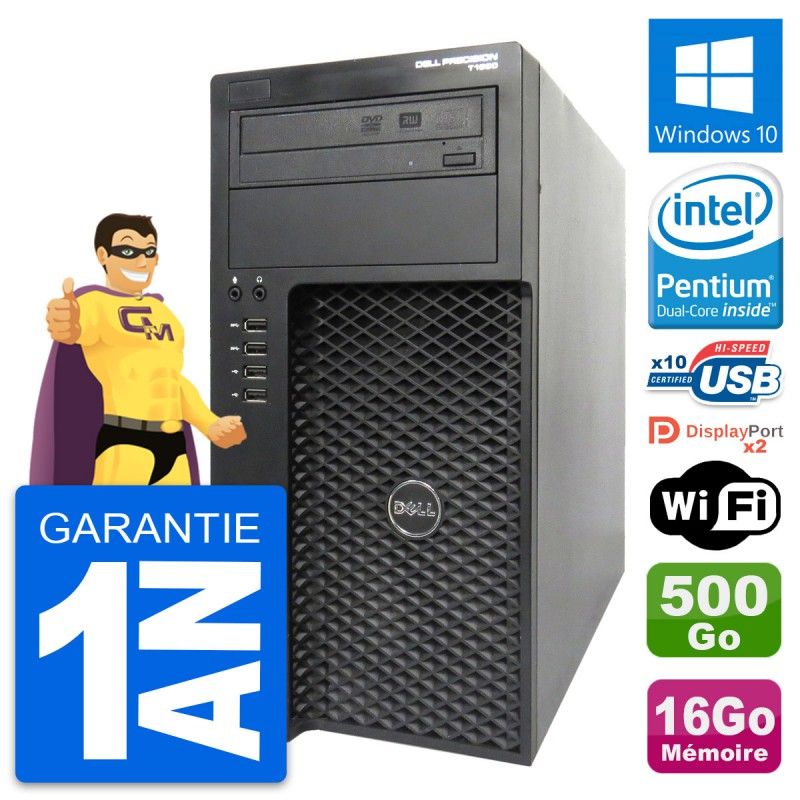 Ordinateur de bureau Dell Precision T1650 - Processeur Intel Pentium G2020, 16 Go de RAM, 500 Go de SSD, Windows 10, Wi-Fi