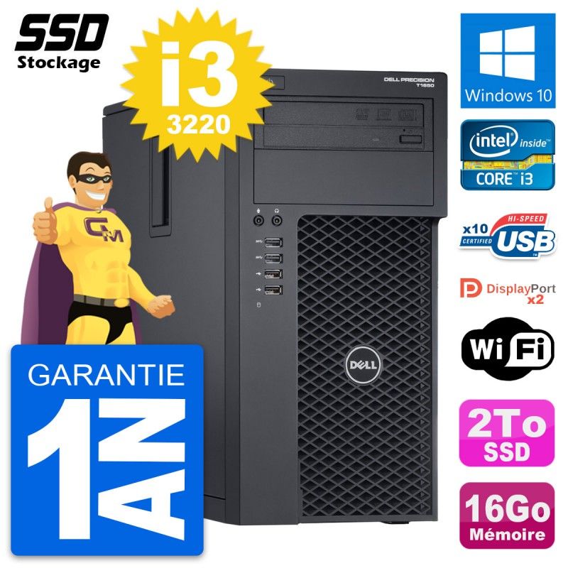 Dell Precision T1650 Desktop Computer - Intel Core i3-3220, 16GB RAM, 2TB SSD, Windows 10, WiFi