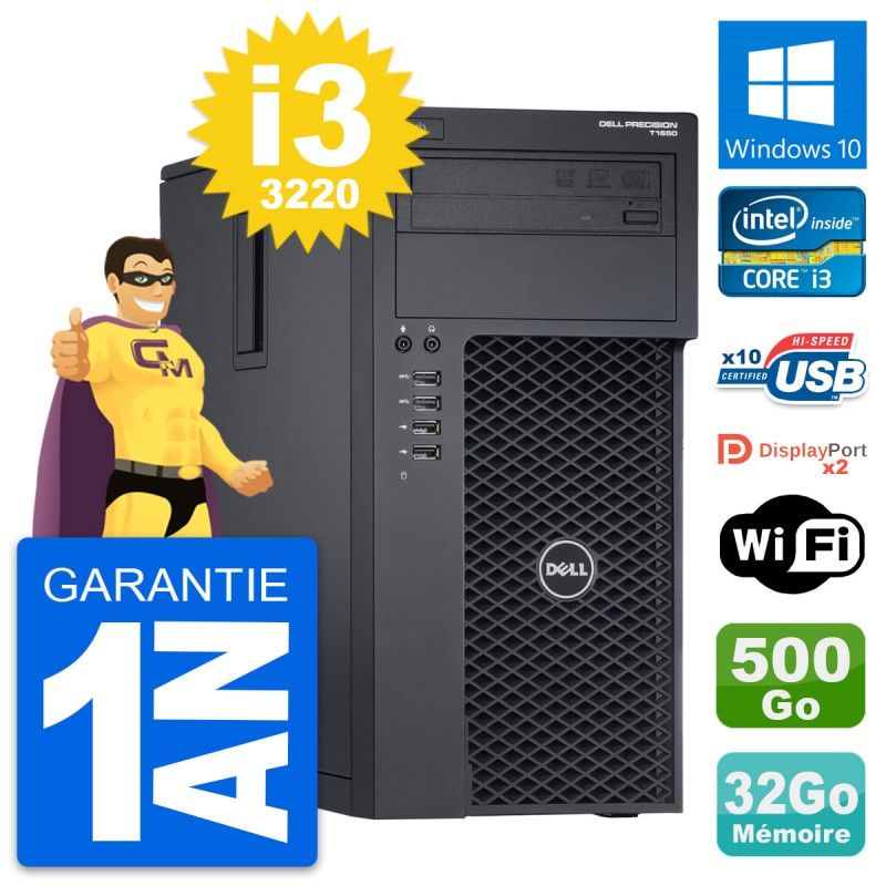 Dell Precision T1650 Desktop Computer - Intel i3-3220, 32GB RAM, 500GB HDD, Windows 10, WiFi