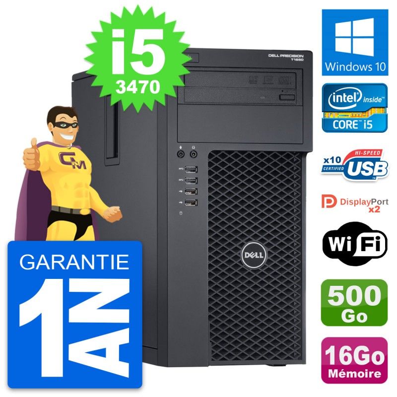 Ordinateur de bureau Dell Precision T1650 - Processeur Intel i5-3470, 16 Go de RAM, 500 Go SSD, Windows 10, WiFi