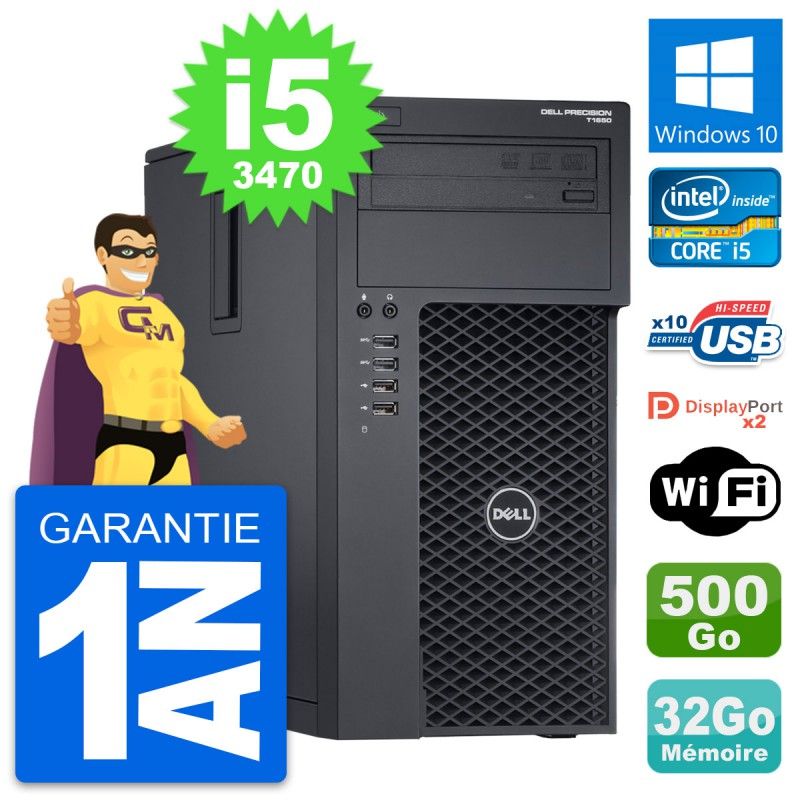 Ordinateur de bureau Dell Precision T1650 - Intel i5-3470, 32 Go de RAM, 500 Go de stockage, Windows 10, WiFi