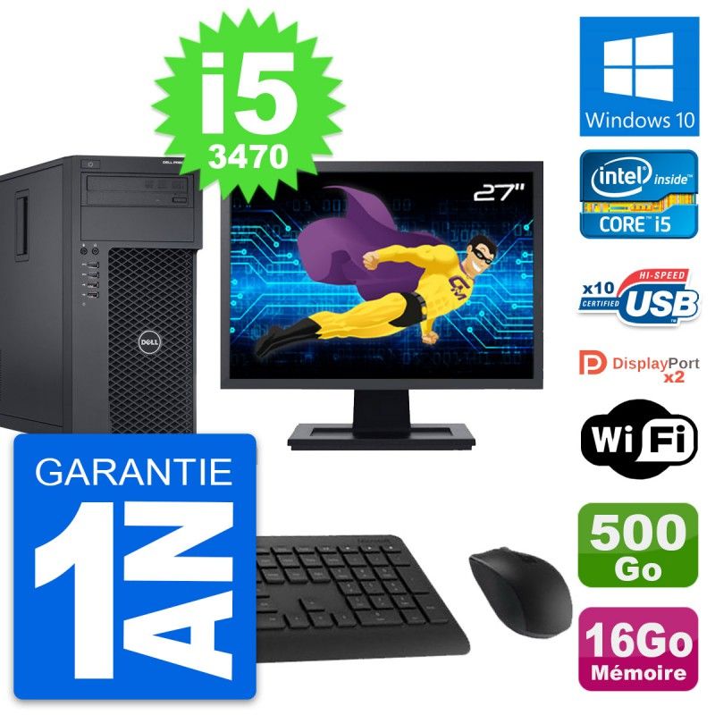 Ordinateur de bureau Dell Precision T1650 - Écran 27'', Intel i5-3470, 16 Go de RAM, 500 Go HDD, Windows 10, WiFi