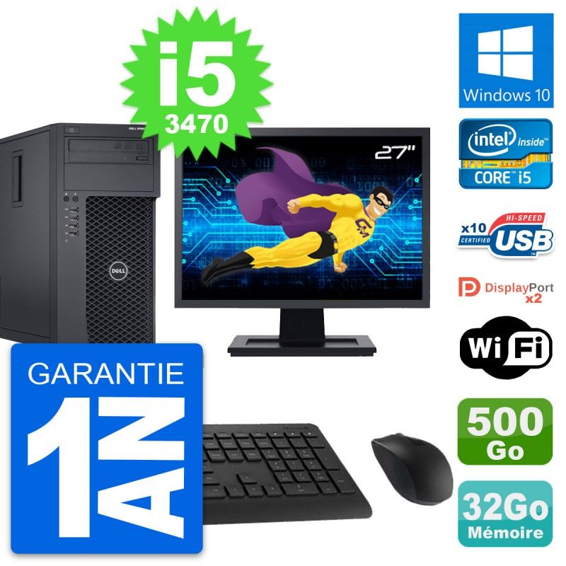 PC de escritorio Dell Precision T1650, monitor de 27', procesador Intel Core i5-3470, 32 GB de RAM, 500 GB HDD, Windows 10, WiFi