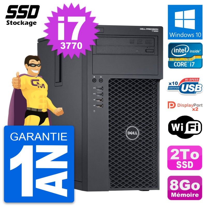 Dell Precision T1650 Desktop Computer - Intel Core i7-3770, 8GB RAM, 2TB SSD, Windows 10, WiFi